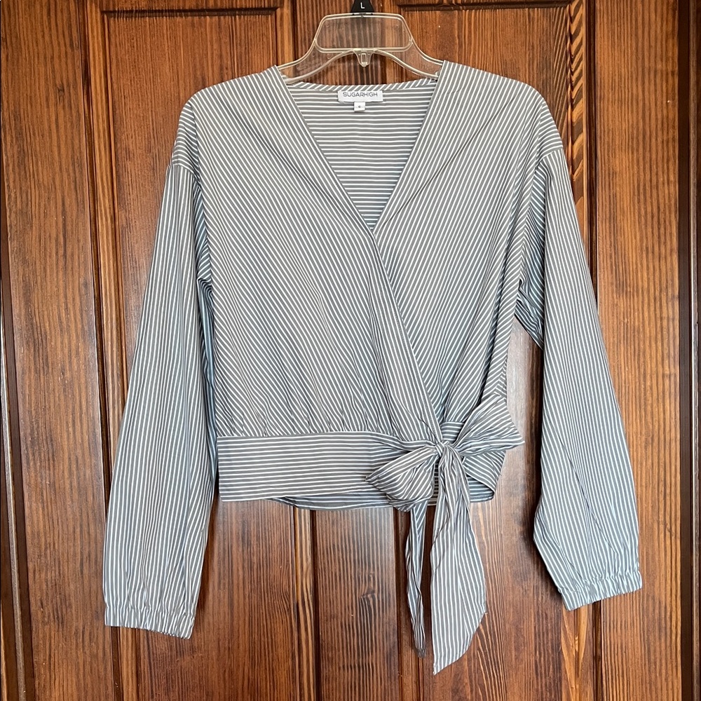 Sugar Striped Wrap Tie-Front Blouse - Gray & White